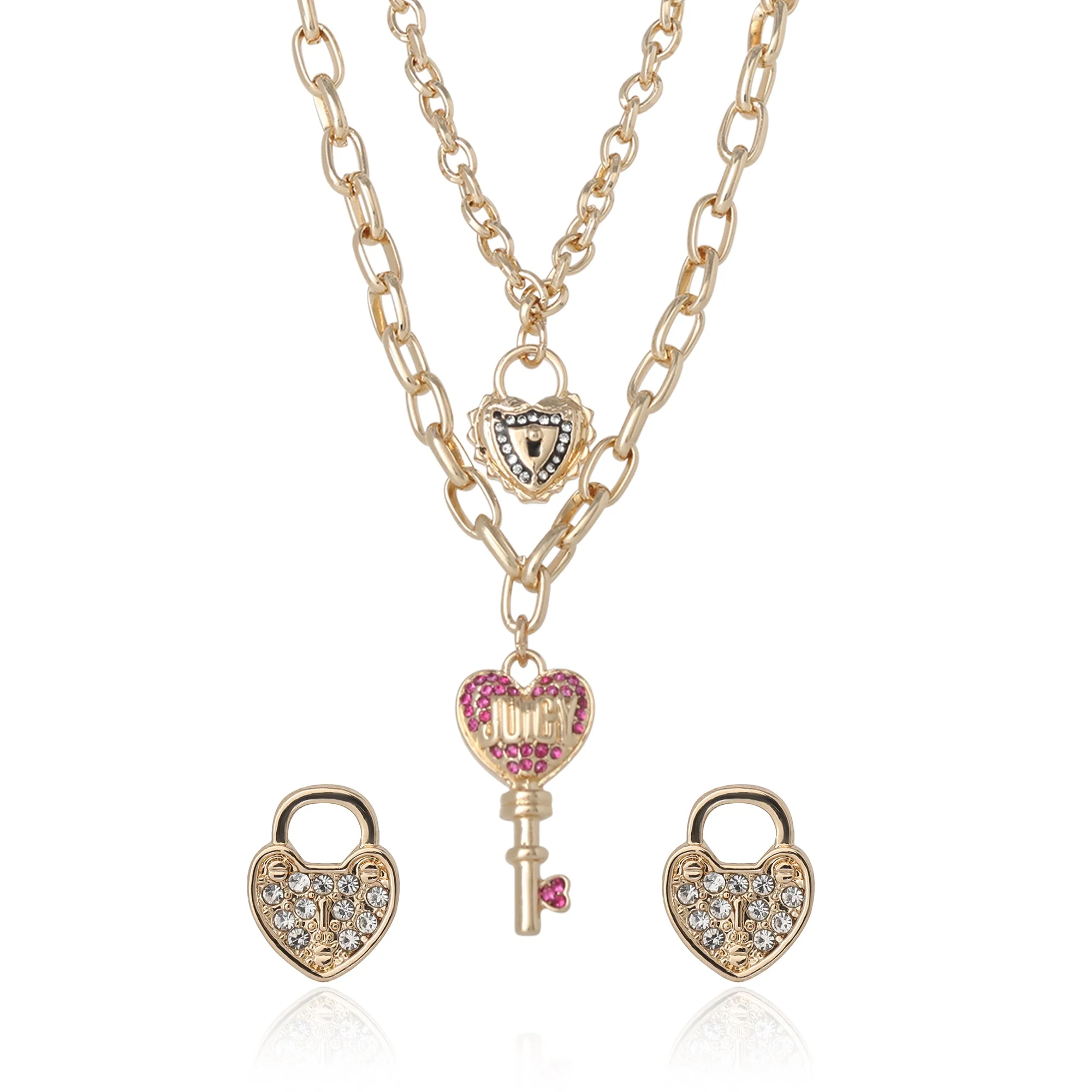 272-key-charm-layered-necklace-and-lock-earring-set-1.webp Key Charm Layered Necklace and Lock Earring Set