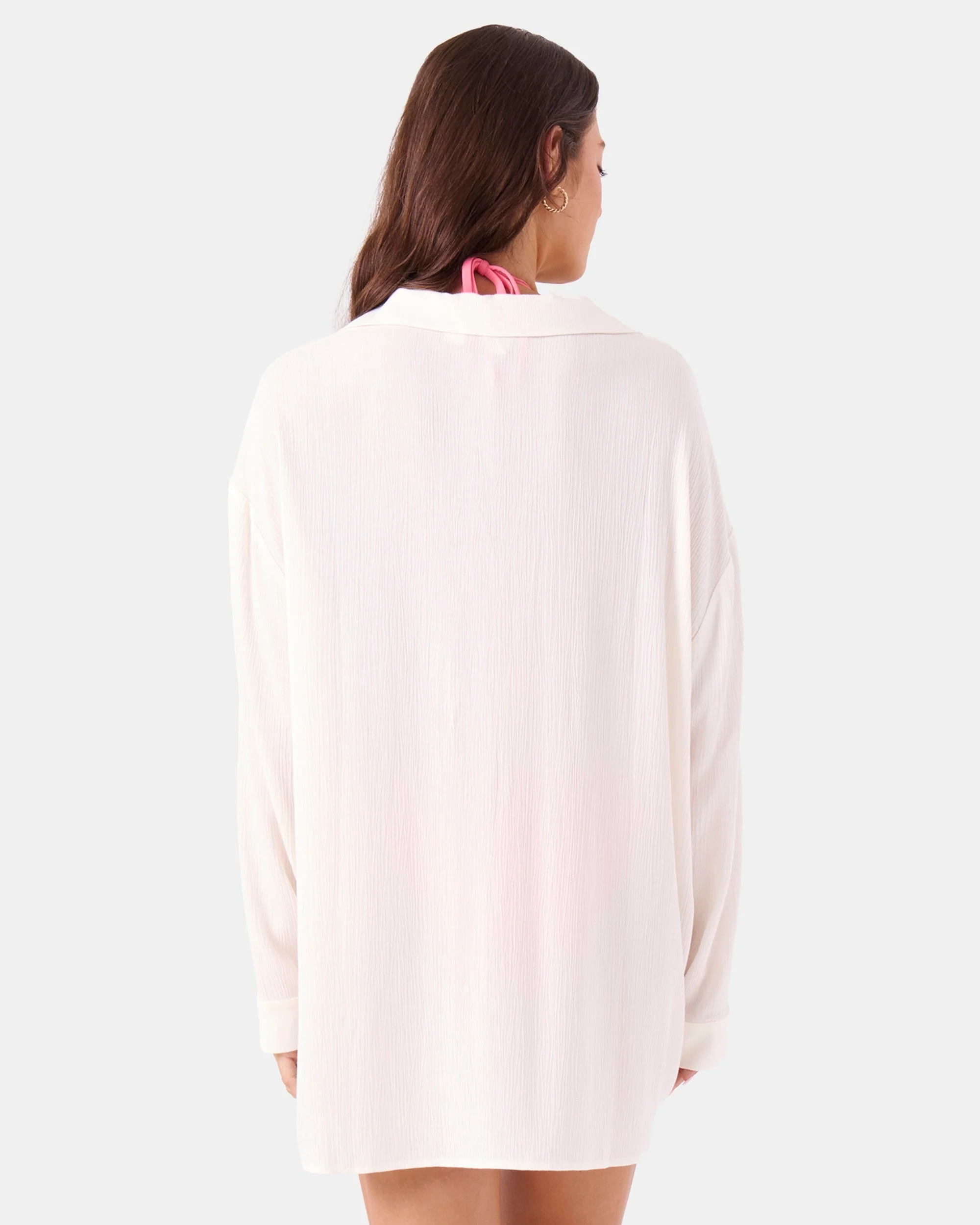 Solid Crinkle Long Sleeve Cover Up Camp Shirt